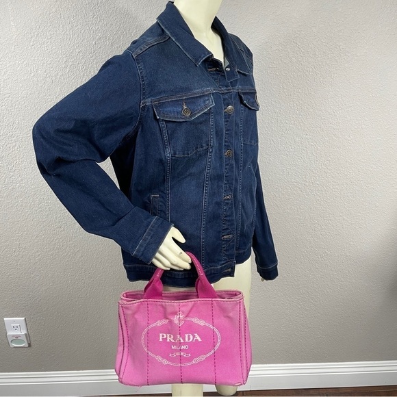 Prada Pink Canapa Tote Handbag Designer Logo Spring - Picture 3 of 17